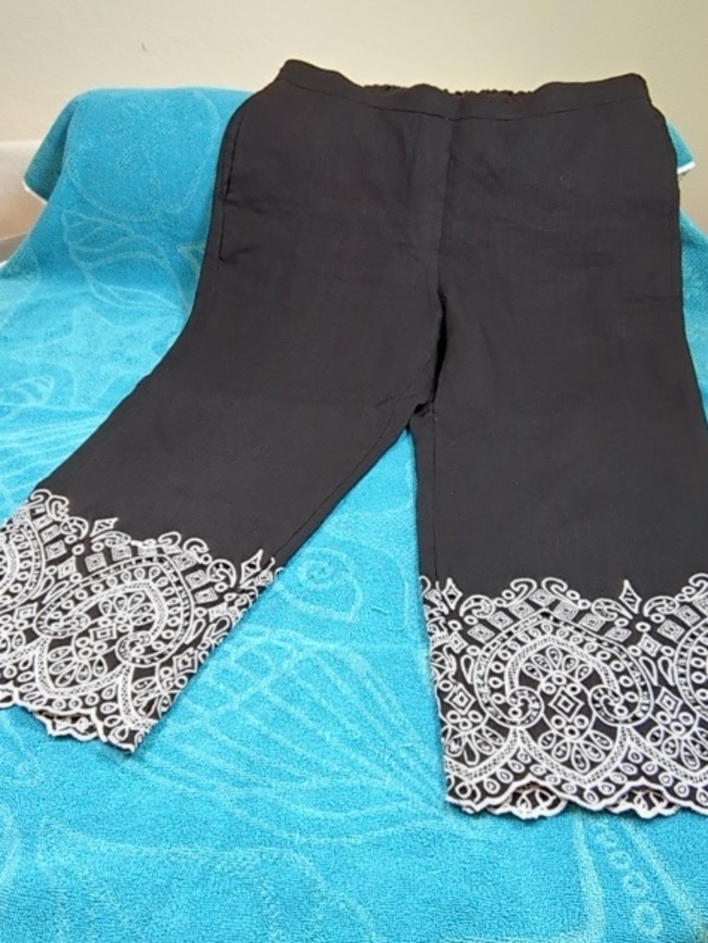 Chico's Black Wide-Leg Pants with White Embroidered Hem